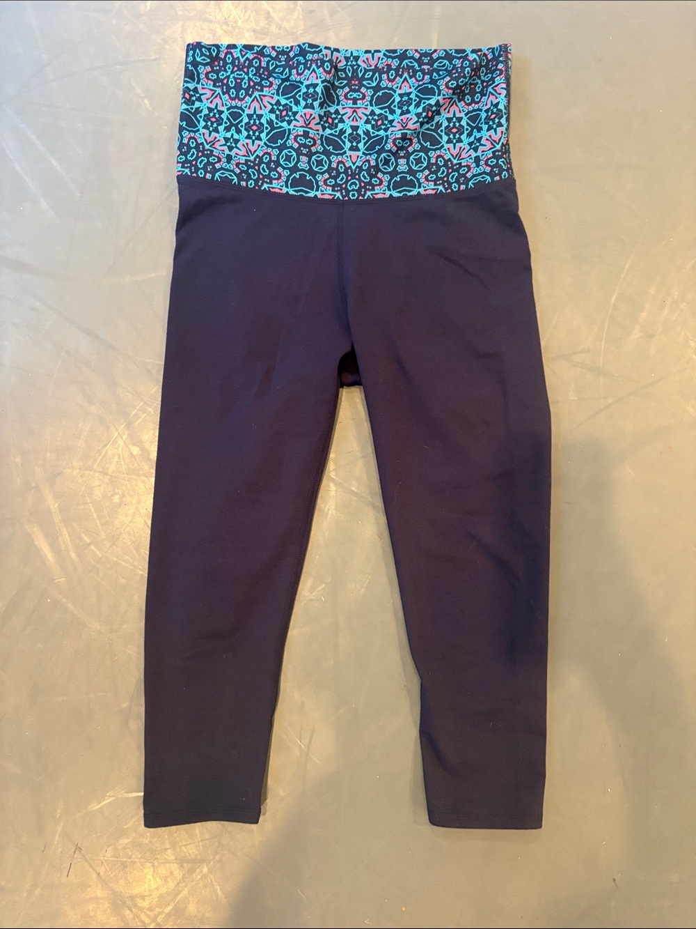 Fabletics Navy Leggings with Teal and Pink Fold-Over Waistband